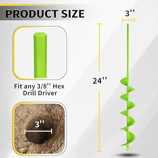 3" x 24" Garden Auger Drill Bit for Planting and Post Hole Digging - Upgraded Spiral Design, Solid Shaft - Hex Driver Drill Compatible