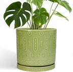 Ceramic Pot for Plants - 10 Inch Indoor Plant Pots with Drainage Holes and Saucer, Boho Round Planter Outdoor, Decorative Large Planter for Flower, Living Room Decor, Garden Gifts, Green