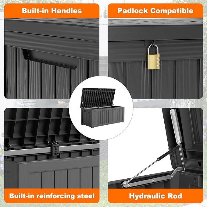 PatioZen 120 Gallon Resin Deck Box, Lockable Patio Outdoor Storage Box for Furniture, Garden Tools and Tools Storage, Waterproof Outside Storage Boxes - Black