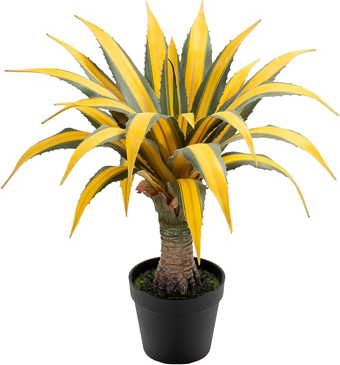 Artificial Green Edged Gold Leaf Spiny Agave Plant with 23 Leaves, 19.68in Faux Agave for Indoor & Outdoor Home Decor Perfect for Porch Living Room Bedroom Patio & Office