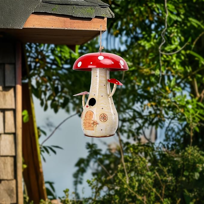 Yinns Metal Mushroom Bird House, Wild Bird House Outdoor, Decorative Birdhouse for Home Garden Decor, 13.8 Inch Big Bird Houses