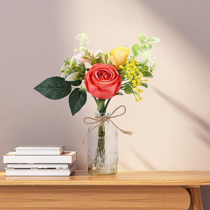 AFRITEE Artificial Flowers with Small Vase - Orange Potted Fall Rose Floral Arrangements Artificial with Small Vase for Home Living Office Wedding Coffee Centerpiece Table