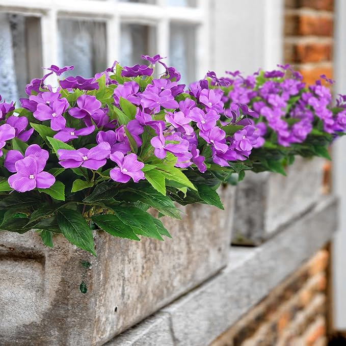 CITYES 4 Pcs Artificial Flowers Outdoor Impatiens UV Resistant Silk Impatiens Flowers Purple Faux Flowers Impatiens Bushes Artificial Impatiens for Pot Patio Lawn Garden Hanging Basket Porch Decor