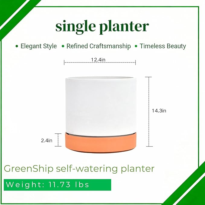GreenShip 11.8″ Self-Watering Cylinder Planter Pot with Saucer & Plugged Drainage Hole – Dual Use: Self-Watering or Traditional Pot – Thick Yet Lightweight Clay & Resin Blend, Durable & Unbreakable