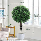 Artificial Green Boxwood Topiary Ball Bush for Outdoor with Spike, Set of 2 UV Resistant Faux Boxwood Ball Tree with Stake Weatherproof Fake Round Topiary Shrub Plant for Front Porch