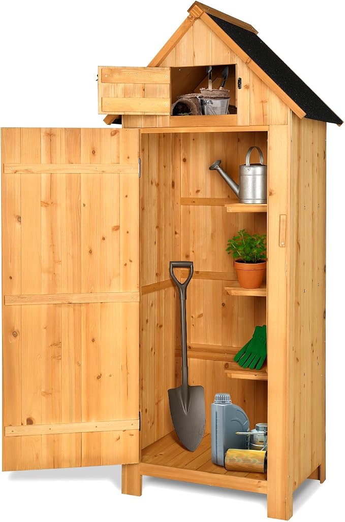 VINGLI Outdoor Wooden Storage Shed, Garden Shed Outside Tool Cabinet with Safety Latch, Patio Storage Organizer