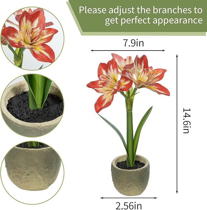 Coferset Lifelike Fake Flower Plant Potted 15" Artificial Amaryllis for Home Bathroom Office Living Room Shelf Tabletop Decor-Realistic Faux Flower Plant with Pot