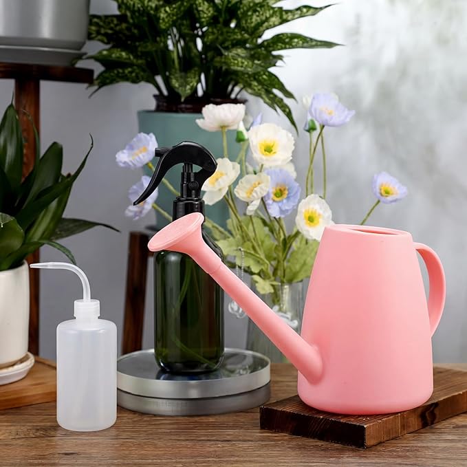 Reallnaive 6 Pcs Indoor Watering Can Set 1/2 Gallon Can 6.8 oz Spray Bottle 17 oz Squeeze Bottle Plant Watering Globes Soil Moisture Meter Small Spraying Set for Indoor Outdoor Plants(Pink)