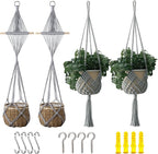 4 Pack Macrame Plant Hangers Indoor Up to 10 inch Pot, Boho Hanging Planters, Plant Holder with 8Pcs Stainless Steel Hooks (4Pcs Gray Hanger)