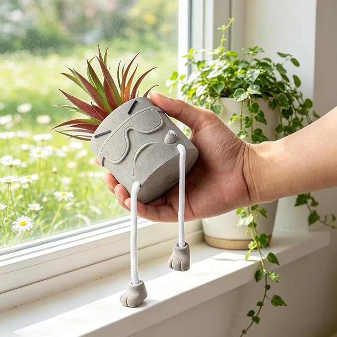 Zerzsy Succulents Plants Artificial in Cement Pots with Hanging Leg, Small Fake Plant Kitchen Shelves Decor, Cute Office Decor Faux Succulents, Succulent Pots for Desk Shelf Decorations