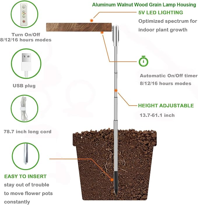 yadoker Plant Grow Light, LED Growing Light Full Spectrum for Indoor Plants, Paired with a Soil Tester,Height Adjustable, Automatic Timer, 5V Low Safe Voltage,Idea for Large Plant Light