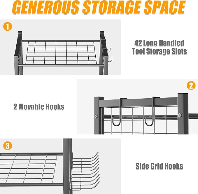 Ultrawall Garden Tool Organizer with Wheels, Yard Tool Storage Stand for Garage, Shed Tool Storage for Rake, Brooms, Tools Rolling Cart Indoor & Outdoor Use