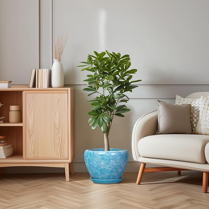 Indoor Plant Pots 10 Inch - Ceramic Planter for Outdoor Plants, Decorative Round Planter with Drainage Hole and Saucer, Flower Pots Outdoor, Apartment Decor, House Warming Gift, Bubble Blue