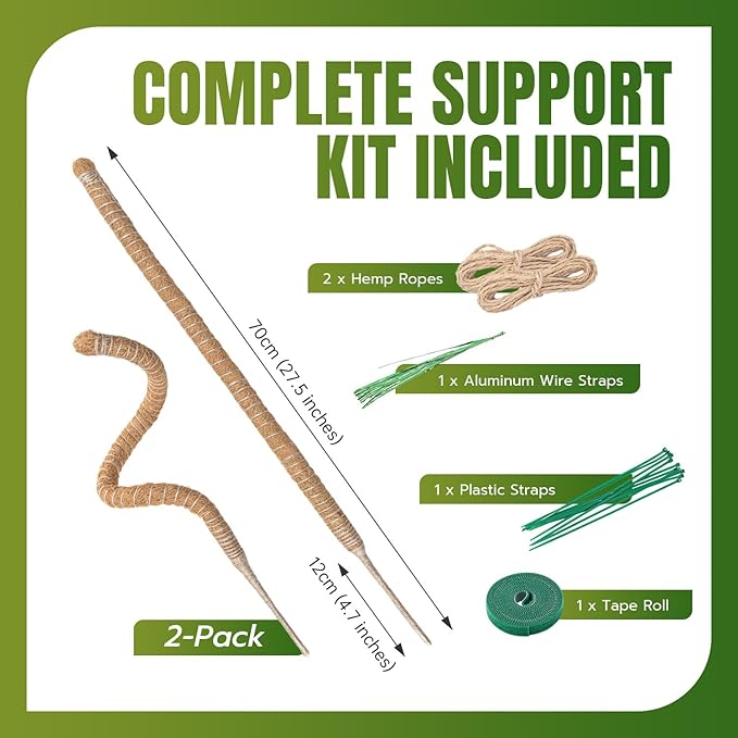 Mcbazel 2 Pack 27.5 Inch Bendable Moss Pole for Plants Monstera - Coco Coir Plant Support Stakes for Climbing Indoor Pothos, Potted Climbers & Philodendron - Flexible Stick Kit with Full Garden Ties