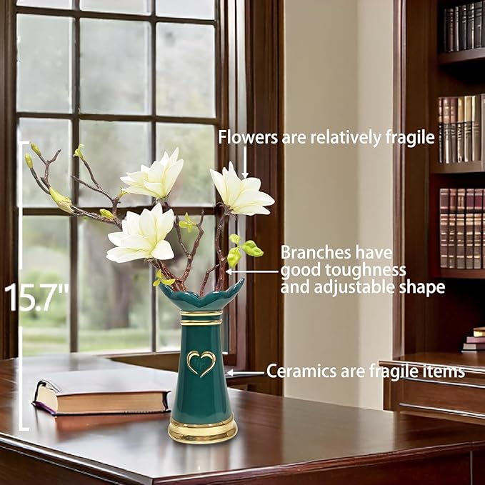 LoveLin,Artificial Flowers with Ceramic Vases,Faux Flower Arrangement,Affordable Luxury Artwork,Housewarming New Year Xmas Gift,Home Decor (White/Dark Green)