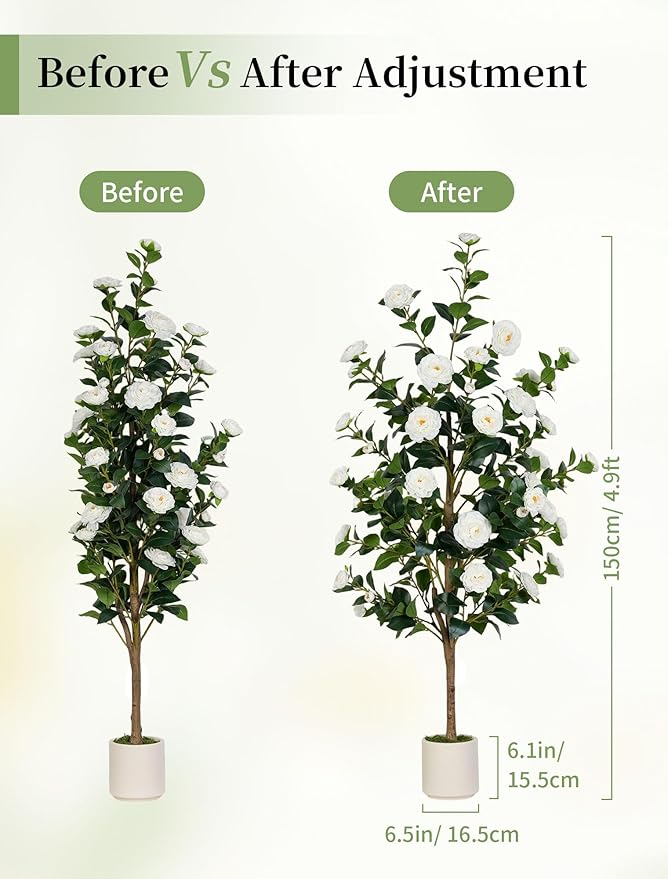 BLOSMON Artificial Trees for Home Decor: Indoor 4.9ft Tall Fake Plants Outdoor Camellia Flowers Tree for Front Porch - Faux White Rose Plant with Pot for Living Room Door Patio Deck Yard