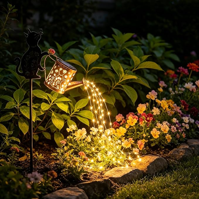 Solar Watering_Can with Light, 2 Pcs Outdoor Solar Cat Garden Decorative, Featuring Metal Cat Silhouette Stake, Gift for Women, Outdoor Waterproof, for Landscape, Lawn, Garden Path Decor