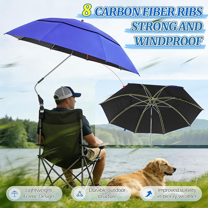 2 Pack 40.9'' Beach Chair Umbrella with 360° Adjustable Canopy & 270° Flexible Clamp, Double Canopy Sun Protection for Wheelchair, Patio, Golf Cart, Camping