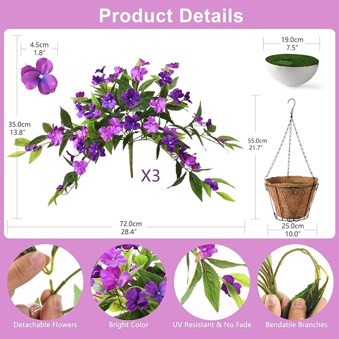 Hommyea Artificial Fake Hanging Flowers Plants Basket for Outdoors Outside Decoration UV Resistant Faux Silk Flowers Look Real Plastic Flowers for Spring Planters Home Porch Patio Garden Decor(purple)