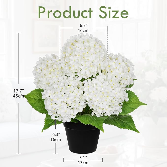 18" Hydrangea Artificial Flowers Plant in Black Plastic Pot, Fake Hydrangeas Plants for Home Office Indoor Outdoor Decor, Realistic Floral Arrangement for Living Room & Porch Decorations, White