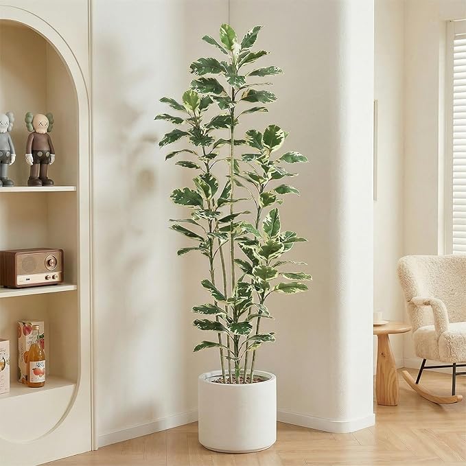 Artificial Rubber Tree 7FT, Tall Fake Plants in White Planter, Faux Plants Indoor Large Floor Silk Rubber Plant in Pot, Tropical Artificial Trees for House Home Office Room Outdoor Decor