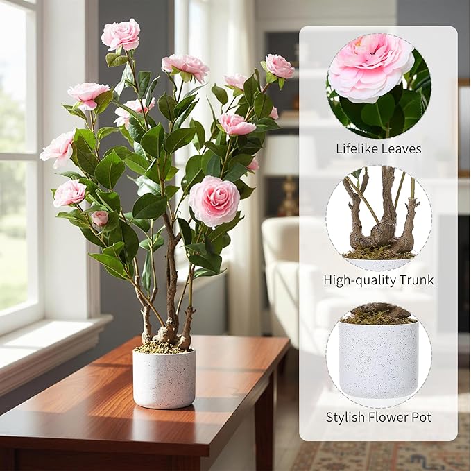 2.5FT Artificial Camellia Tree in White Planter, Faux Camellia Plant with 16 Pink Flowers, 30" Faux Flowers Potted Plant Trees for Home and Office Decor, Pink