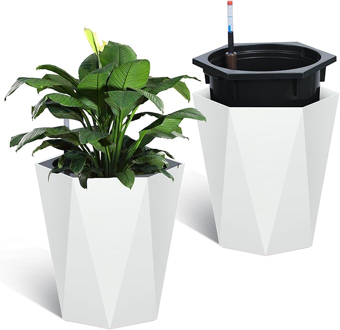 16 in Self Watering Planters Set of 2, Tall Diamond Design, with Water Level Monitor, Indoor Outdoor Flower Pots for Patio, Porch, Living Room, Home Office