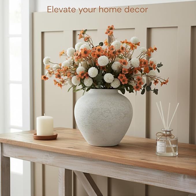 RyddeligHome Artificial White Kiku & Orange Wax Flowers, 22 Long Stems Bulk Silk Flowers for Vases, Spring Floral Stems Arrangements for Home Decor, Centerpieces for Tables, Rustic Decorations