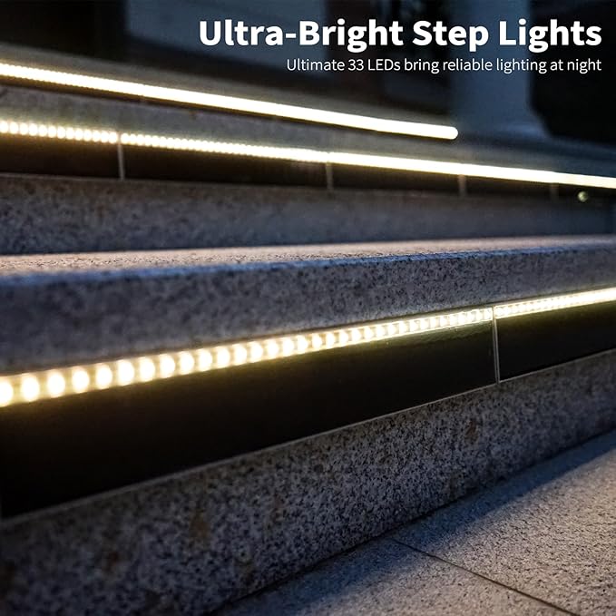 SHONELIGHTING Solar Step Lights for Outside, 33 Focused-Beam High-Brightness LEDs, Waterproof Aluminum Outdoor Stair Light for Risers, Curbsides, Poolsides, Planter Edges (Warm White, 2Pack)