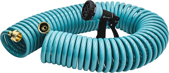 AUTOMAN Recoil Garden Water Hose 50 ft, EVA Curly Water Hose with Brass Connectors,Garden Hose Coil,Includes 7-Pattern Function Sprayer,Retractable,Corrosion Resistant Garden Coil Hose.