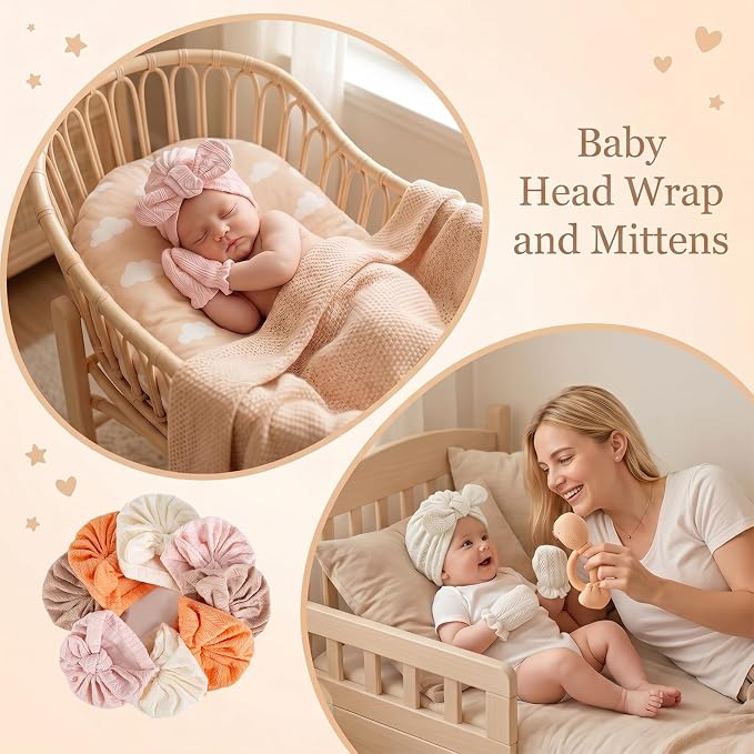 8 Sets Cotton Newborn Hats and Mittens,Ribbed Preemie Baby Girl Turban Beanie Cap with Top Bow Knot, No Scratch Gloves for 0-3 Months Hospital Bag Essentials.Wheat Patterned White/Pink/Apricot