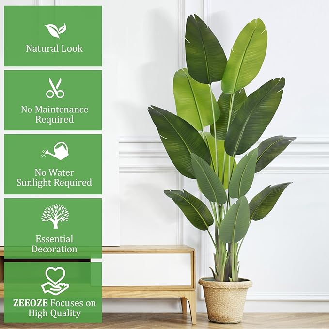 Artificial Bird of Paradise Plant 6Ft Tall Fake Tropical Palm Tree Large Fake Plants with 13 Silk Banana Leaves Faux Plant Indoor Decor Trees with White Pot for Home Bedroom Living Room Office