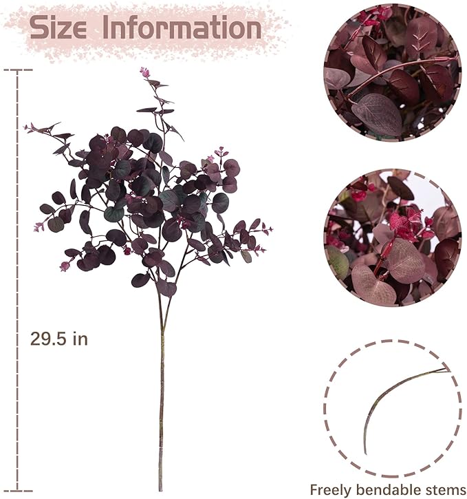 3Pcs Artificial Plants Silk Eucalyptus Leaves Tall 29" Eucalyptus Stems Branches Floral Arrangement Decoration, Artificial Plant Farmhouse Indoor Home Wedding Decor Wine Red