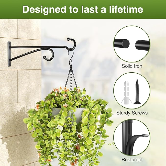 10" Plant Hanger Hook Outdoor Indoor – Planter Hooks for Hanging Plants, Plant Wall Hooks, Brackets for Hanging Plants, Baskets, Wind Chimes, Bird Feeders, Lanterns, Bird Houses (Black, Metal, 2-Pack)