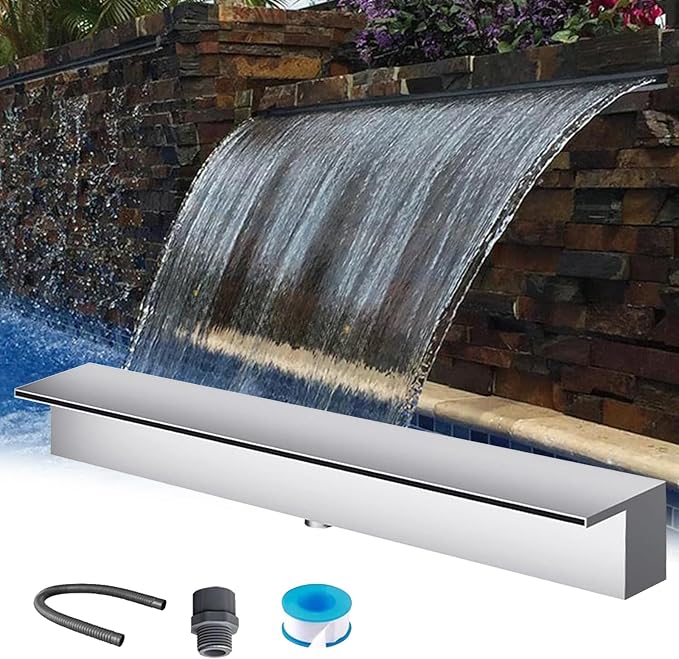 ARTSZY 304 Stainless Steel Fountain Spillway Kit with Long Hose, Black/Silver Spillway for Outdoor Waterfall, Household/Commercial Pond Waterfall for Backyard/Parks(Silver,64″/163cm)