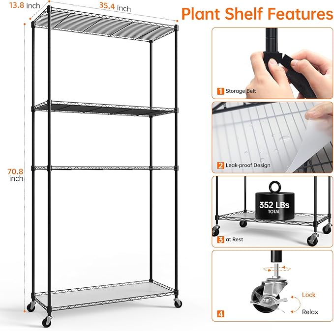 Bstrip Plant Shelf with Grow Light, Tall Grow Light Shelf, Plant Stand with 6 Pack 90W Full Spectrum Plant Lights for Indoor Plants, Seed Starting, Seed Tray, 35.4" Lx13.8 Wx70.8 H