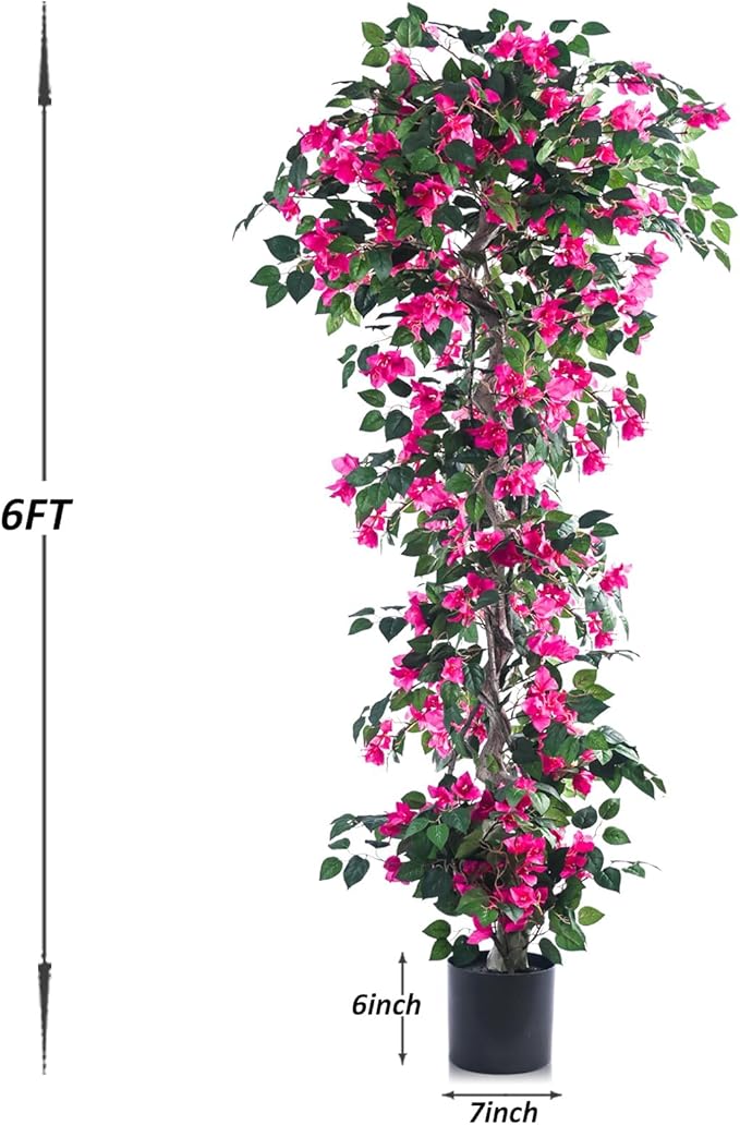 Artificial Bougainvillea Tree -6FT Faux Bougainvillea Tree with Realistic Flowers, Tall Fake Flower Tree for Indoor or Outdoor Decor, Silk Floral Plant for Living Room, Porch, Garden (Pink)