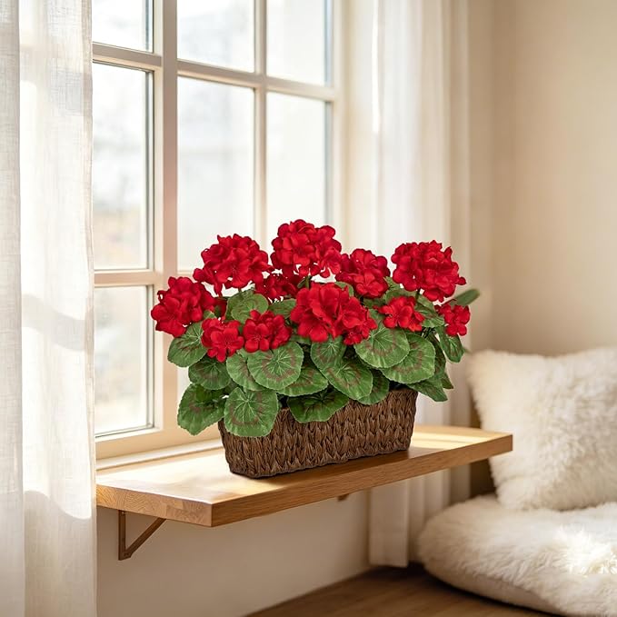 Briful Artificial Geraniums Flowers in Woven Basket Planter, Real Faux Red Silk Geranium Blooms for Outdoor Patio Porch, 13.8" Fake Potted Plant for Home Office Indoor Window Table Centerpiece Décor