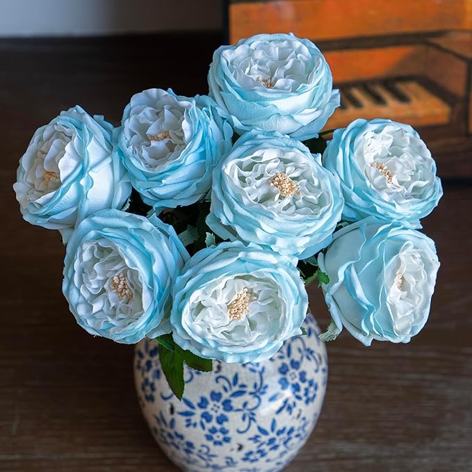 DUYONE Fake Flowers for Decoration Home Decor Artificial Flowers Austin Rose Peony Latex Fake Flower Living Room Decoration Vivid Pink Roses Peonies (Ice Blue 4pcs)