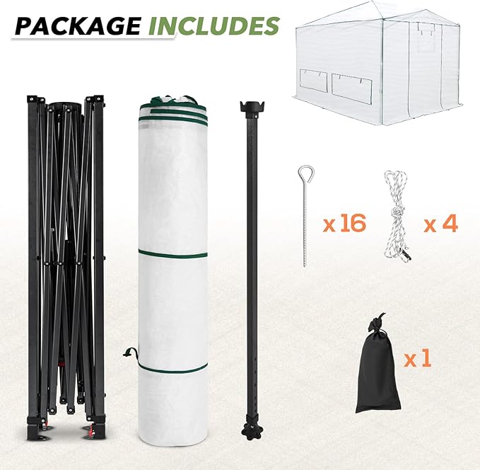 EAGLE PEAK 12x8 Portable Walk in Greenhouse, Pop Up Indoor Outdoor Greenhouse, Green House Kit with Zippered Roll-Up Doors, Windows + Support Pole, Woven Cover, Translucent