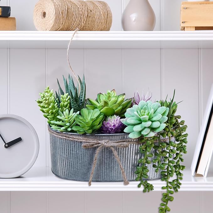 Winlyn 10" Artificial Succulent Arrangement Centerpiece Fake Succulent Plants in Rustic Metal Oval Planter Faux Potted Succulents for Home Office Bedroom Table Windowsill Shelf Mantel Decor