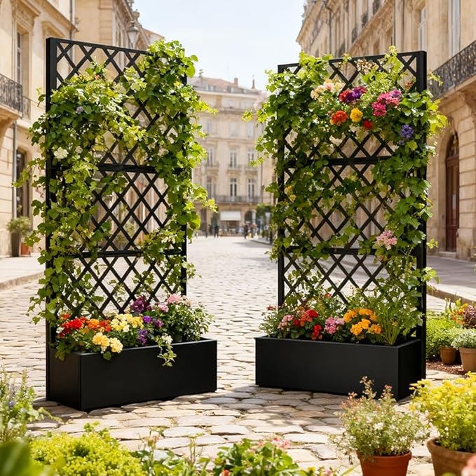 Metal Planter Box with Privacy Screen Trellis,Galvanized Raised Garden Bed On Wheels for Climbing Plants Vines, Standing Garden Flower Bed with Drainage Holes (Black, 35" L x16 W x 73" H)