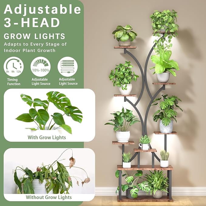 REFGY 65 inch Plant Stand Indoor with Grow Lights, 9 Tiered Metal Plant Stands Indoor, Tall Plant Shelf for Multiple Plants, for Living Room, Patio Balcony or Office (Rustic Brown)