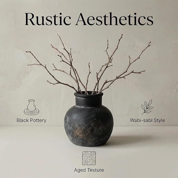Farmhouse Table Vase, 5.7 Inch Bronze Ceramic Pot, Rustic Boho Terracotta Decor for Shelf, Mantel, Bookshelf, Living Room, Handmade Aged Look Centerpiece