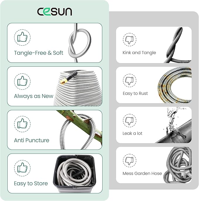 Cesun Short Garden Hose 3 feet, Metal Leader Water Hose, Heavy Duty and Lightweight Stainless Steel Water Pipe for RV, Outdoor, Yard, Lawn, 3ft x 5/8", Female to Male