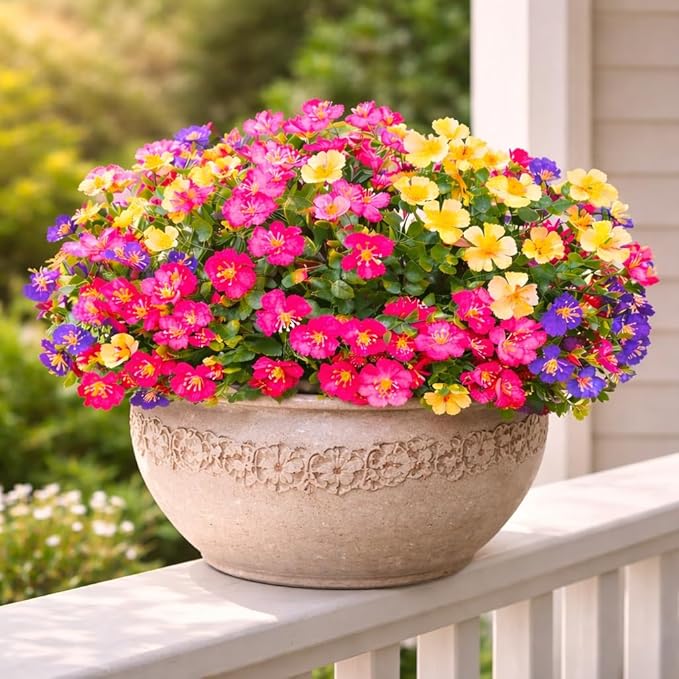 Artificial Flowers for Outdoors, 8 Bundles Faux Silk Spring Flowers for Outside for Planter Front Door Porch Yard Patio Window Box Home Decor (8pcs-4color)