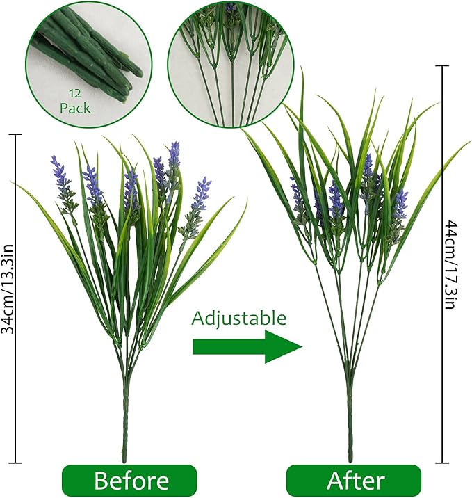 obbsie 36 Bundles Artificial Plants Outdoor, 18.2" UV Resistant Faux Monkey Grass Greenery Stems No Fade Faux Plastic Flowers Shrubs for Home Weddings Garden Porch Front Patio Office Decor - Purple