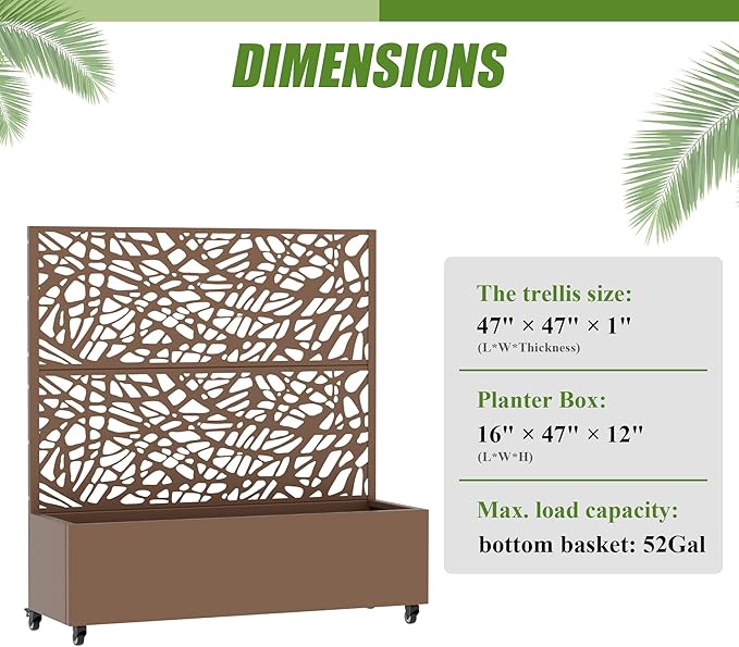 Casaphoria Metal Raised Garden Bed with Trellis and Wheels, 47"x47"x16" Planter Box for Climbing Plants, Vegetables & Vines, Features Drainage Holes and Privacy Screen, Brown-Net