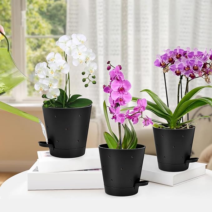 Vanslogreen Orchid Pots with Holes, 6 Inch Self Watering Orchid Pot 2 Pack Plastic Plant Pots for Orchid, Flower (Black)