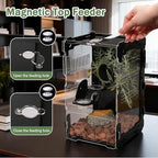 Jumping Spider Enclosure - 3mm Black Transparent Acrylic Terrarium for Tarantulas, Mantises & Frogs, 11.8x5.9x5.9 Inch Mechanical Frame Habitat with Magnetic Feeding Hole & Rotating Lock